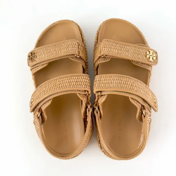 TORY BURCH | Kira Raffia Platform Sport Sandals Double T Logo Resort Summer 8.5 - Picture 7 of 13